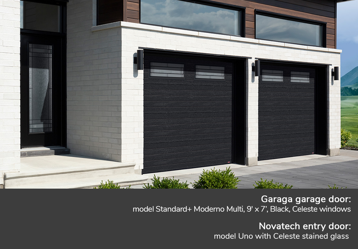 GARAGA garage doors | model Standard+ Moderno multi, Black, Celeste windows | Novatech Entry door